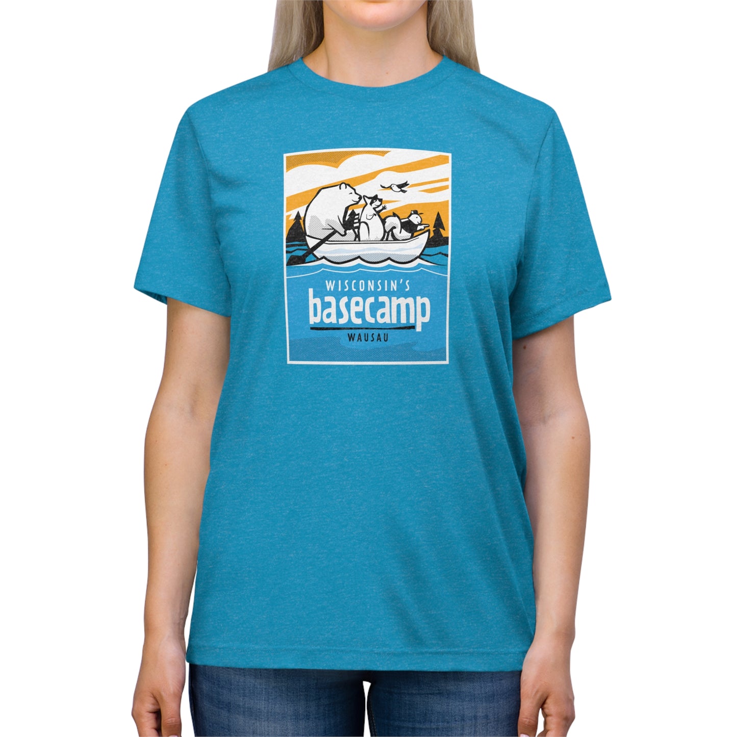 Unisex Triblend Tee - Wisconsin Basecamp Animals Paddling Down Wisconsin River