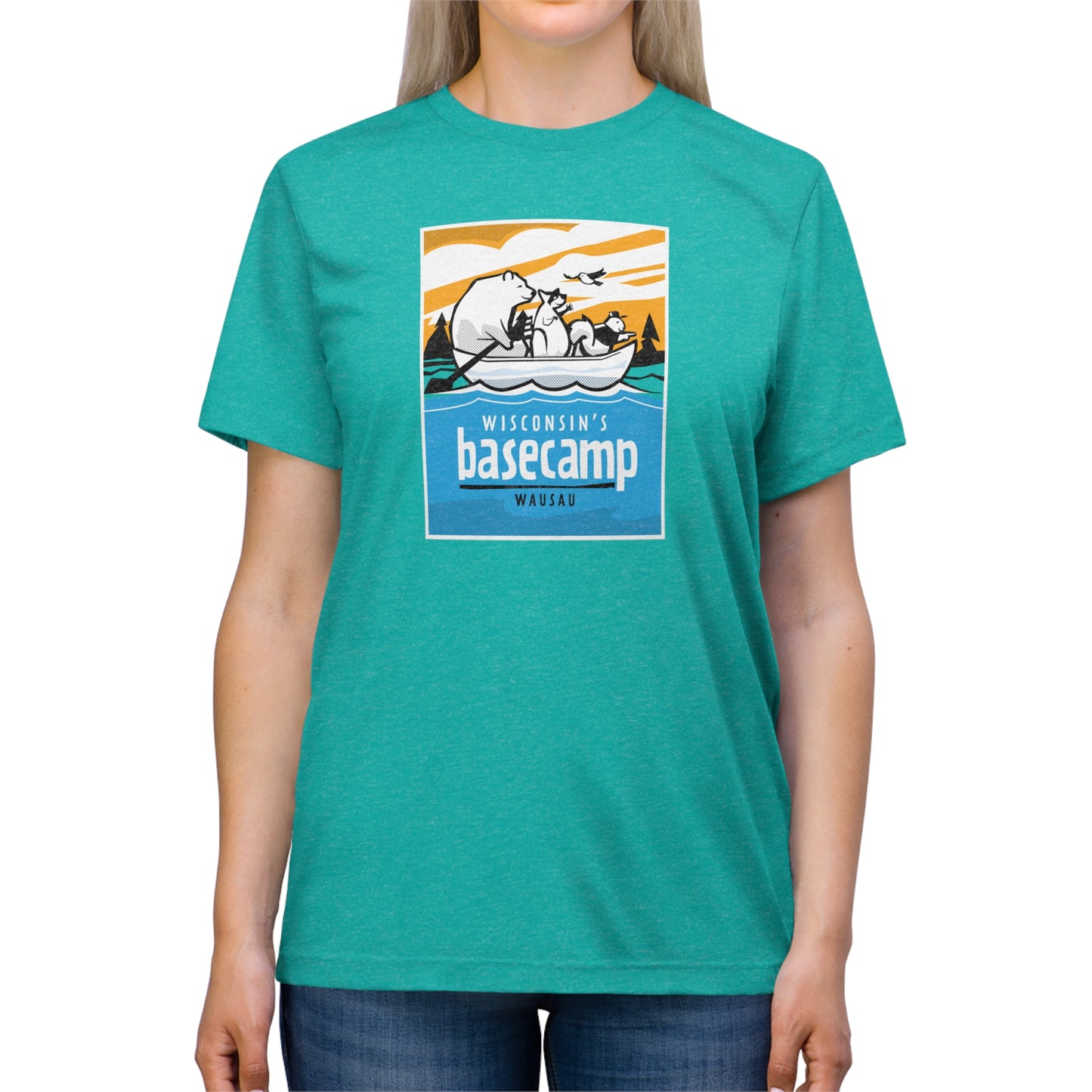 Unisex Triblend Tee - Wisconsin Basecamp Animals Paddling Down Wisconsin River