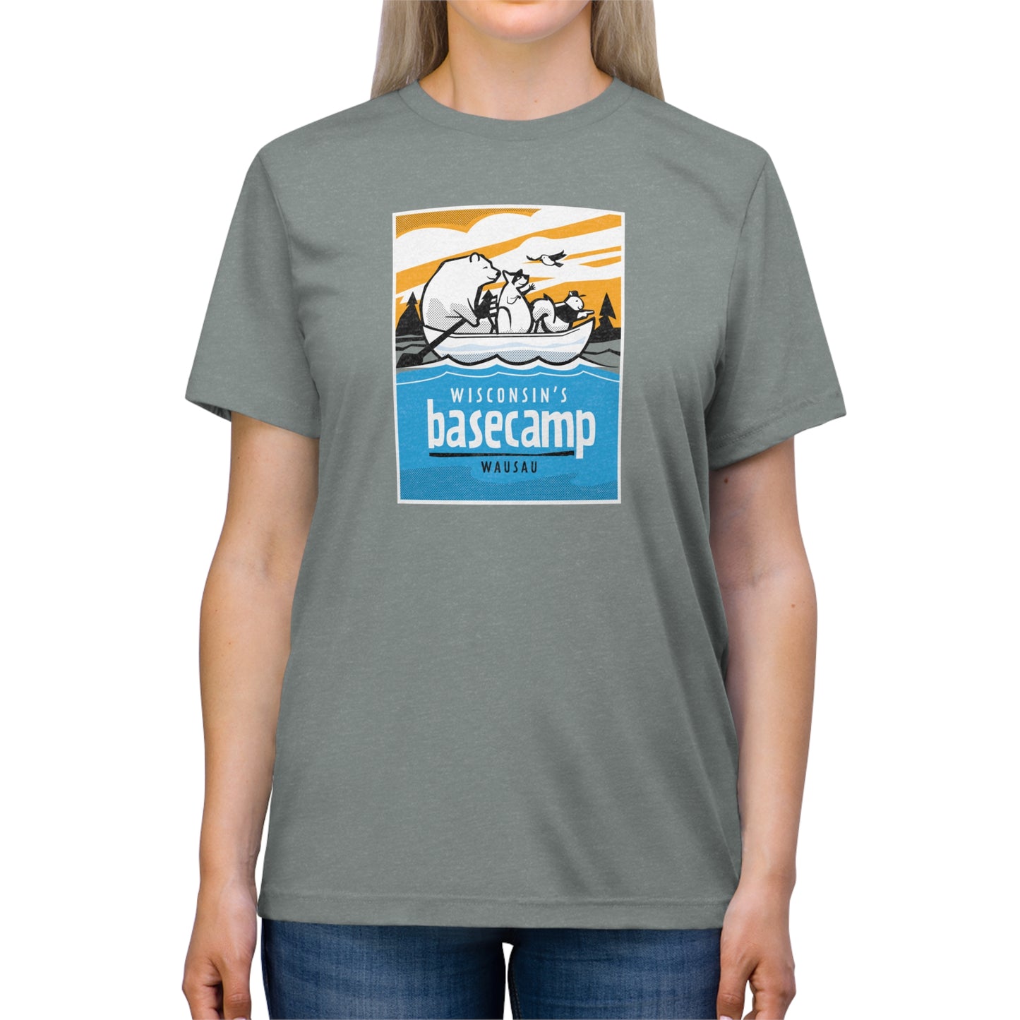 Unisex Triblend Tee - Wisconsin Basecamp Animals Paddling Down Wisconsin River