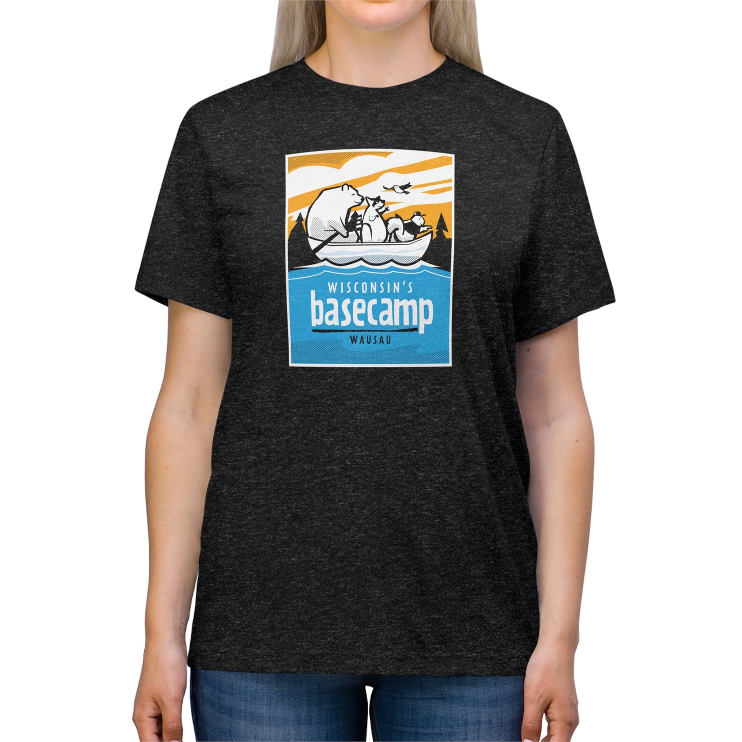 Unisex Triblend Tee - Wisconsin Basecamp Animals Paddling Down Wisconsin River