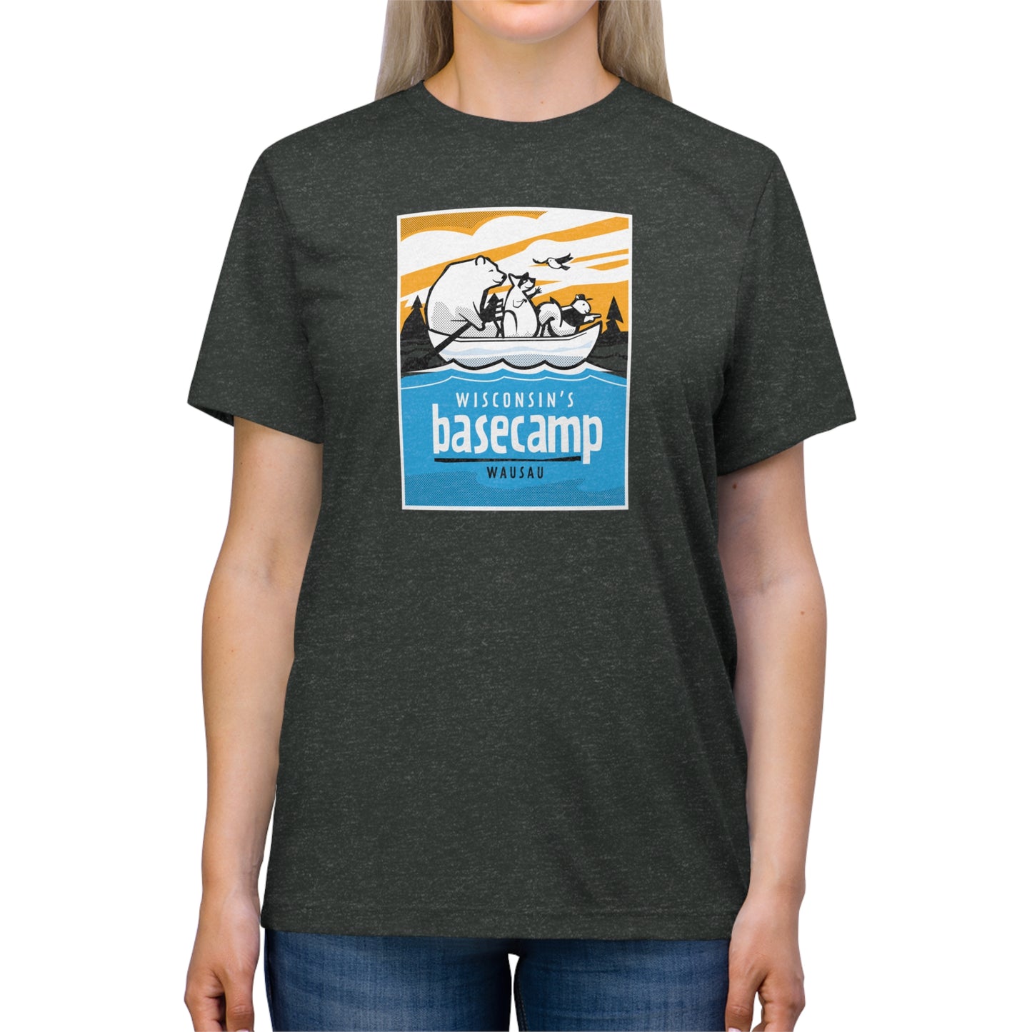 Unisex Triblend Tee - Wisconsin Basecamp Animals Paddling Down Wisconsin River