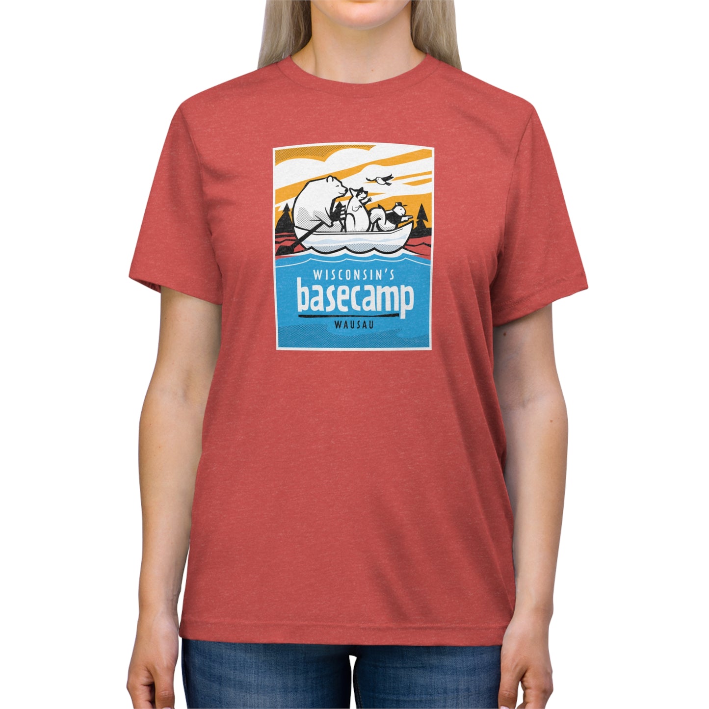 Unisex Triblend Tee - Wisconsin Basecamp Animals Paddling Down Wisconsin River
