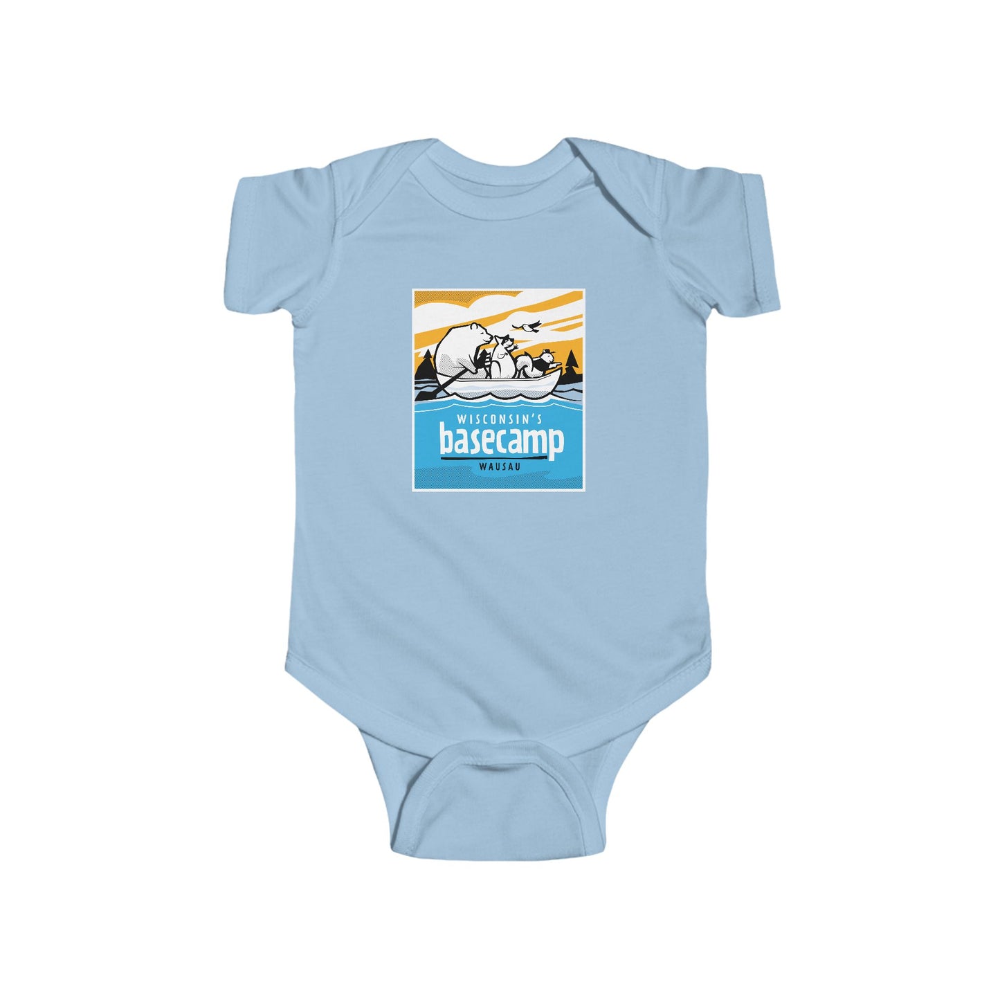 Baby Bodysuit - Wisconsin Basecamp Animals Paddling Down Wisconsin River
