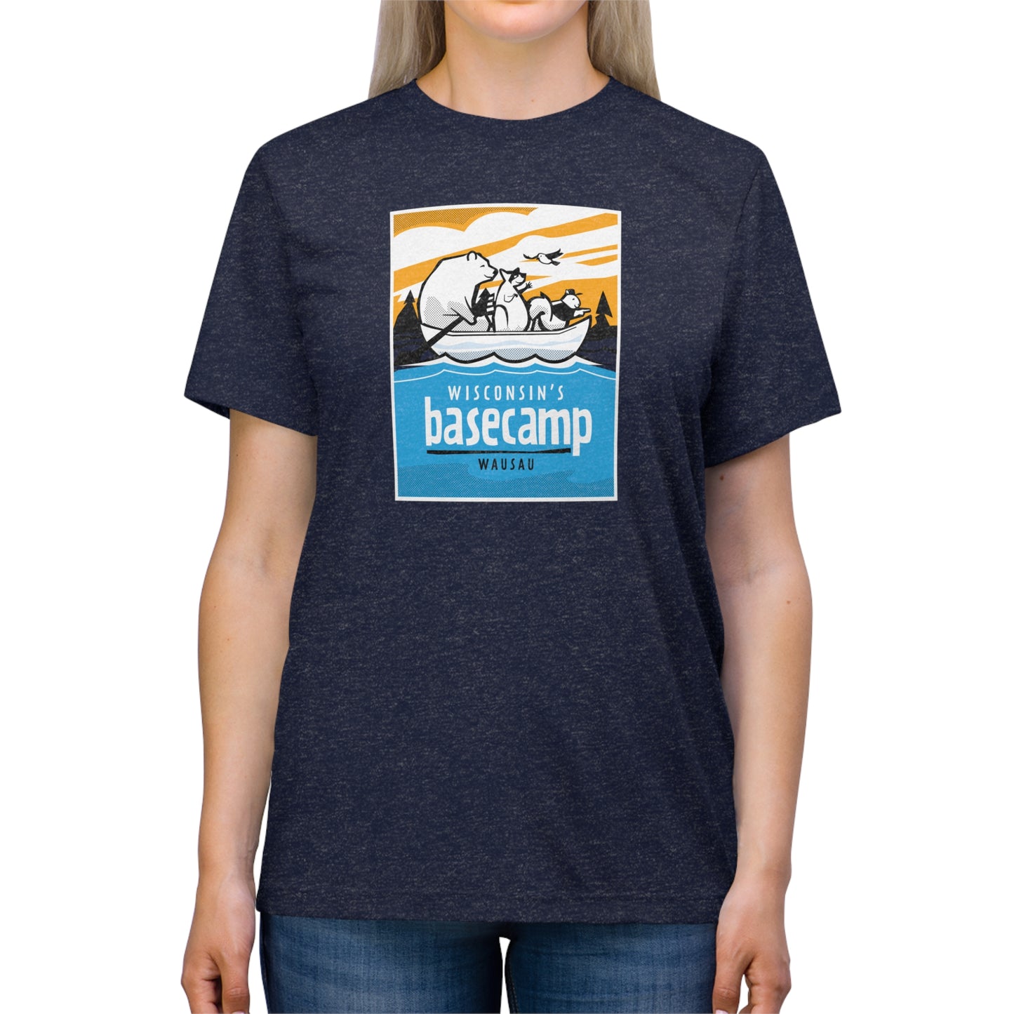 Unisex Triblend Tee - Wisconsin Basecamp Animals Paddling Down Wisconsin River