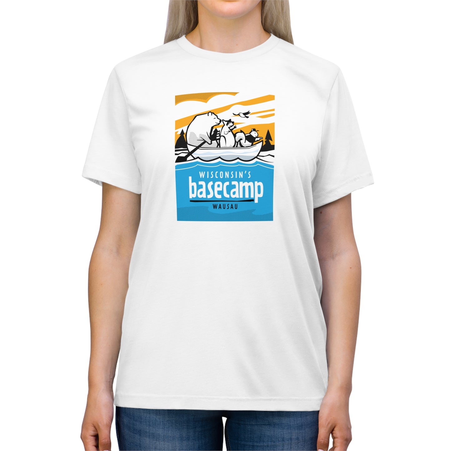 Unisex Triblend Tee - Wisconsin Basecamp Animals Paddling Down Wisconsin River