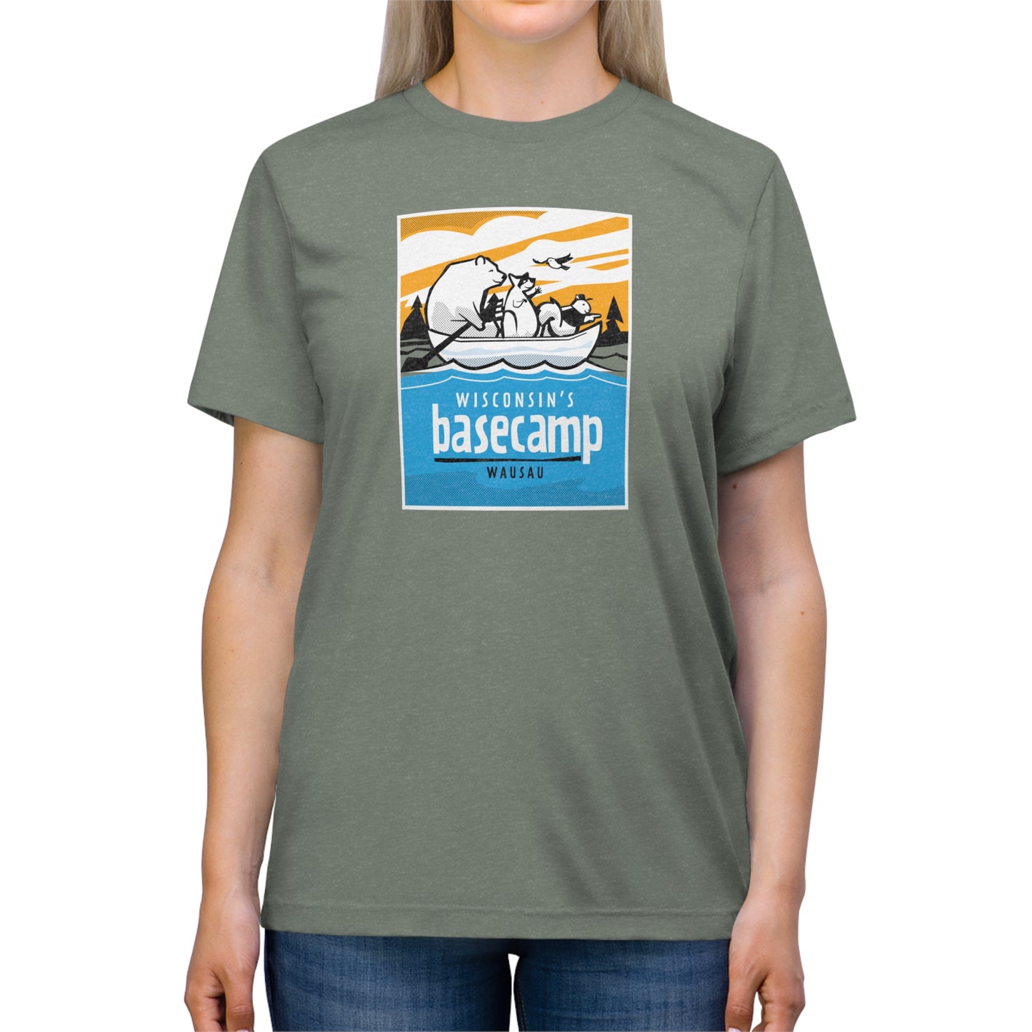 Unisex Triblend Tee - Wisconsin Basecamp Animals Paddling Down Wisconsin River