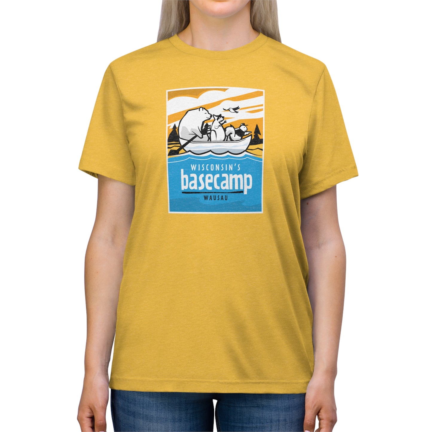 Unisex Triblend Tee - Wisconsin Basecamp Animals Paddling Down Wisconsin River